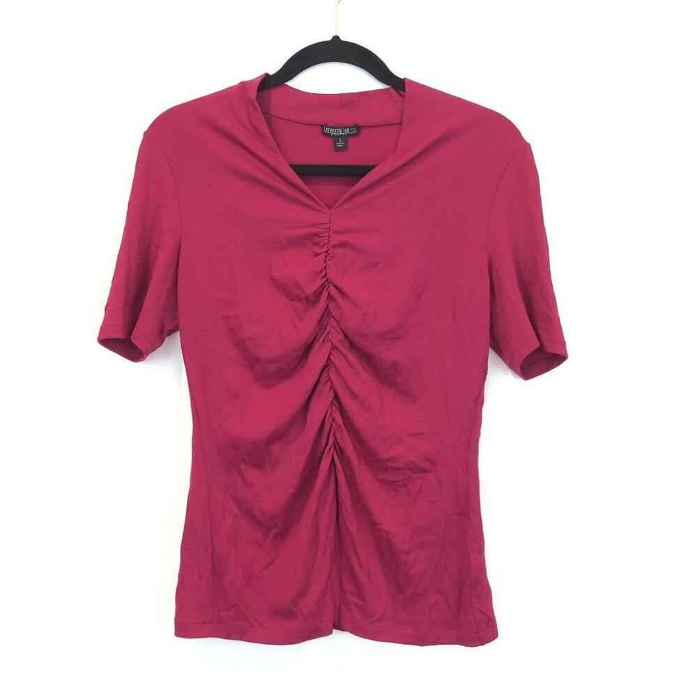 Lafayette 148 New York Ruched Front Short Sleeve Knit Wool Top Size L Flaw